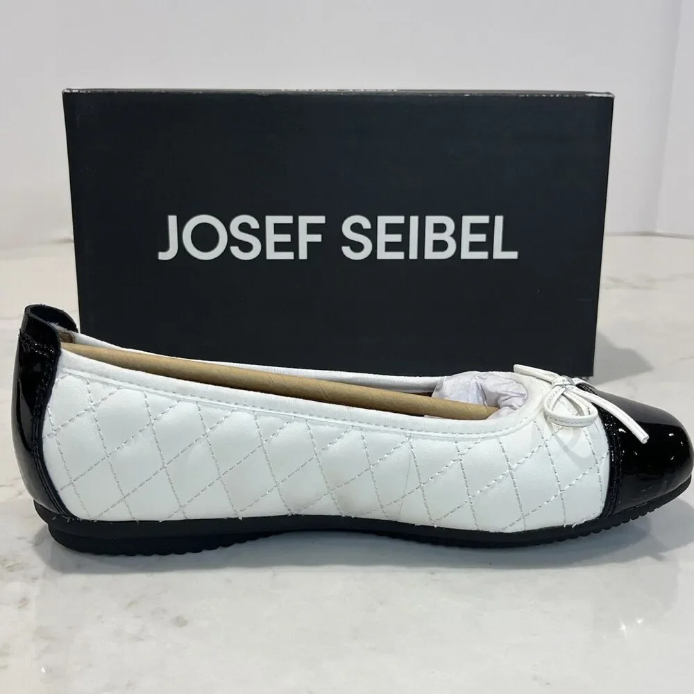 Josef‎ Seibel Pippa White Black Quilted Cap Toe Leather Ballet Flats EU 37 6-6.5